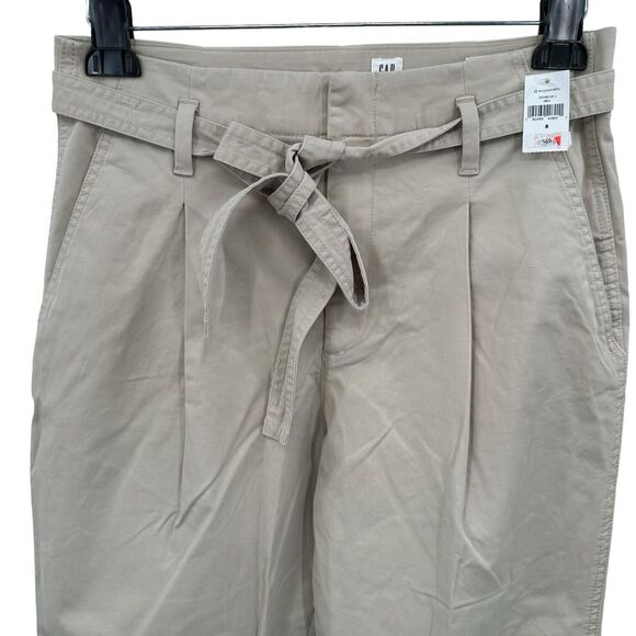 Gap Khaki Self Tie Trouser 8 Women's Taper Leg Ankle High Waist Cotton Stretch - Picture 2 of 8